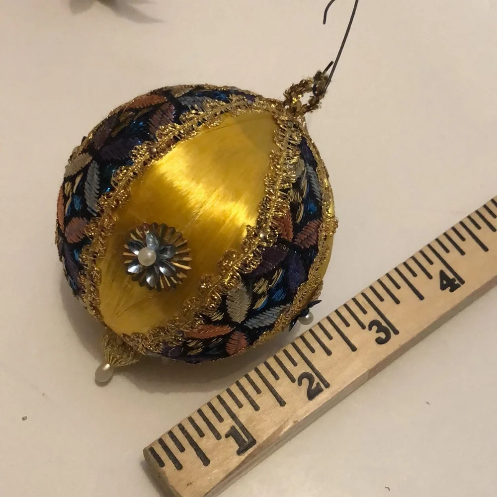 Gold Silk Ball Ornament Yellow Silk beaded ornament mid century Christmas